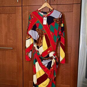 Polo Ralph Lauren "wrap" Viscose Horse Equestrian Midi Dress Sz S/P Multi NWT